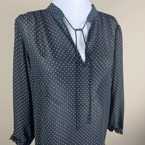 Chaps 3/4 Sleeve Blouse Size M Black White, Polka Dot Print, V-neck with Tie